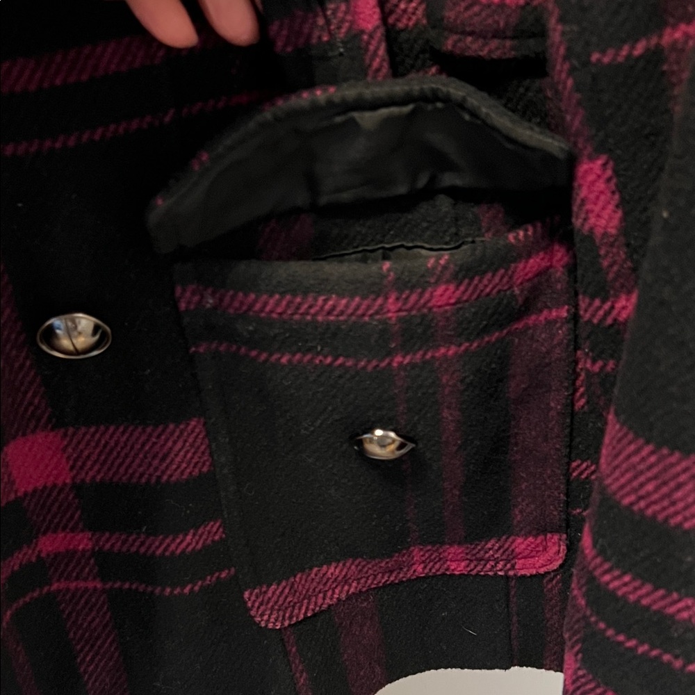 Women's Pea Coat Black & Purple Plaid Double-Breast Jacket - Picture 3 of 7